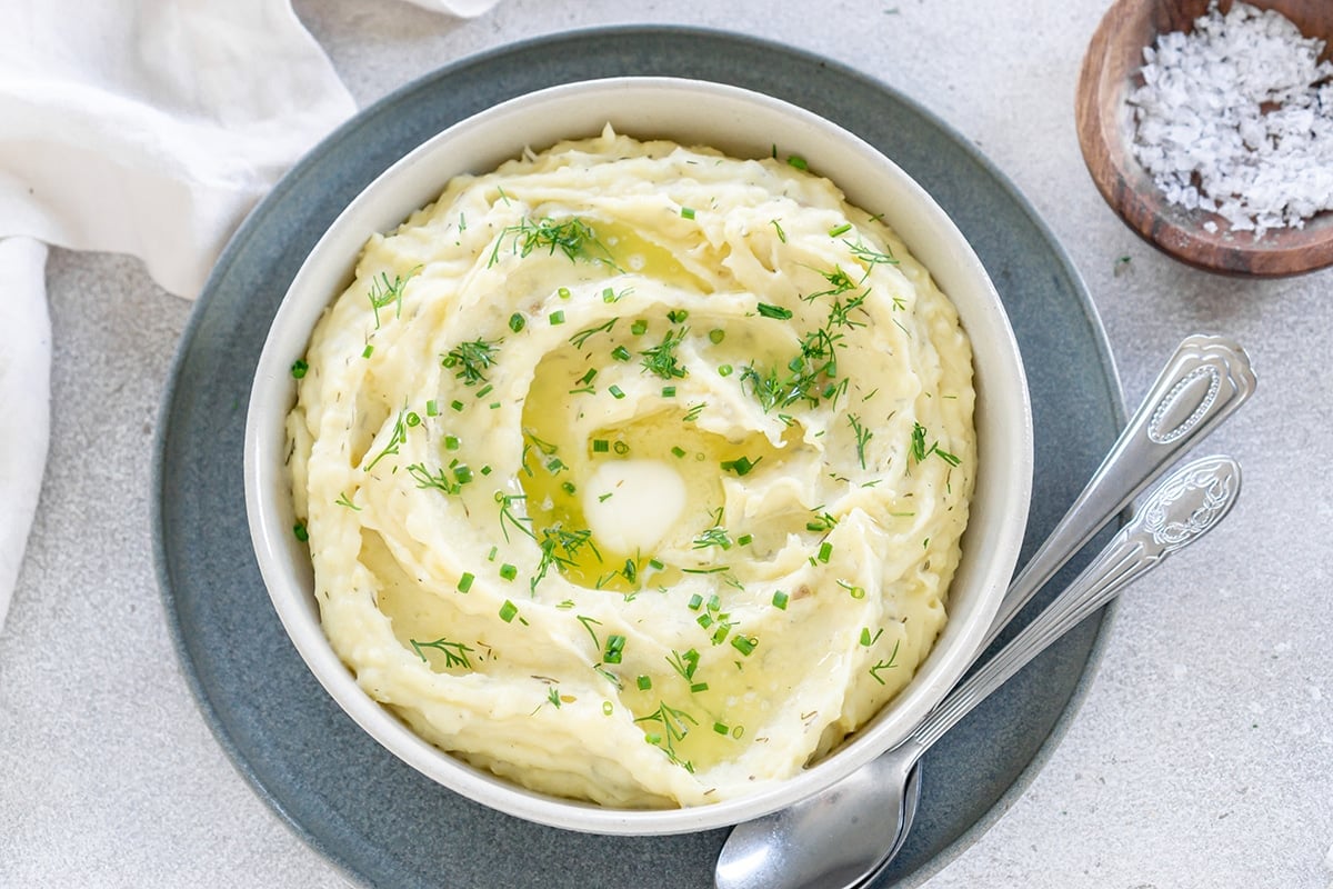 overhead shot of slow cooker dill mashed potatoes