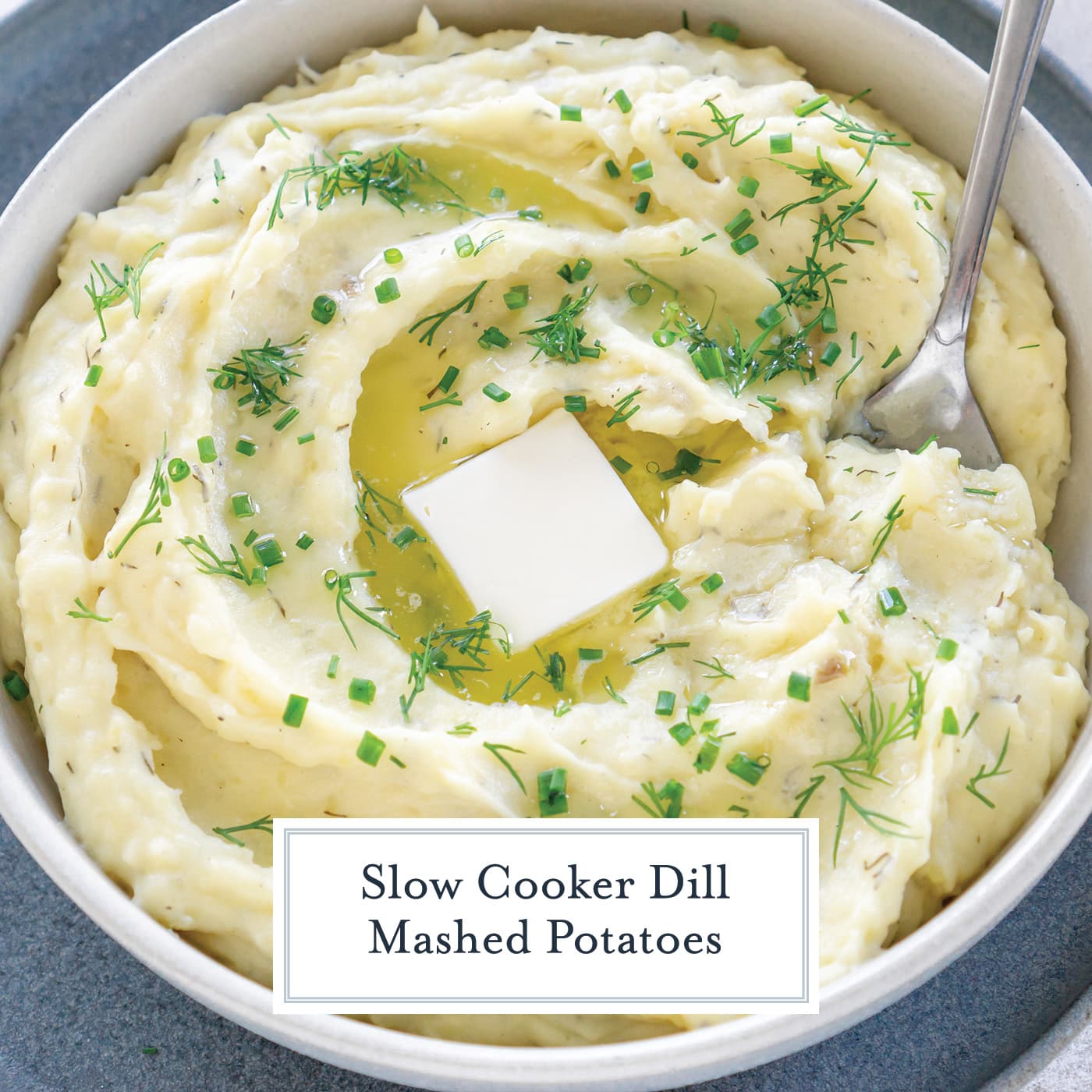 bowl of slow cooker dill mashed potatoes with text overlay for facebook