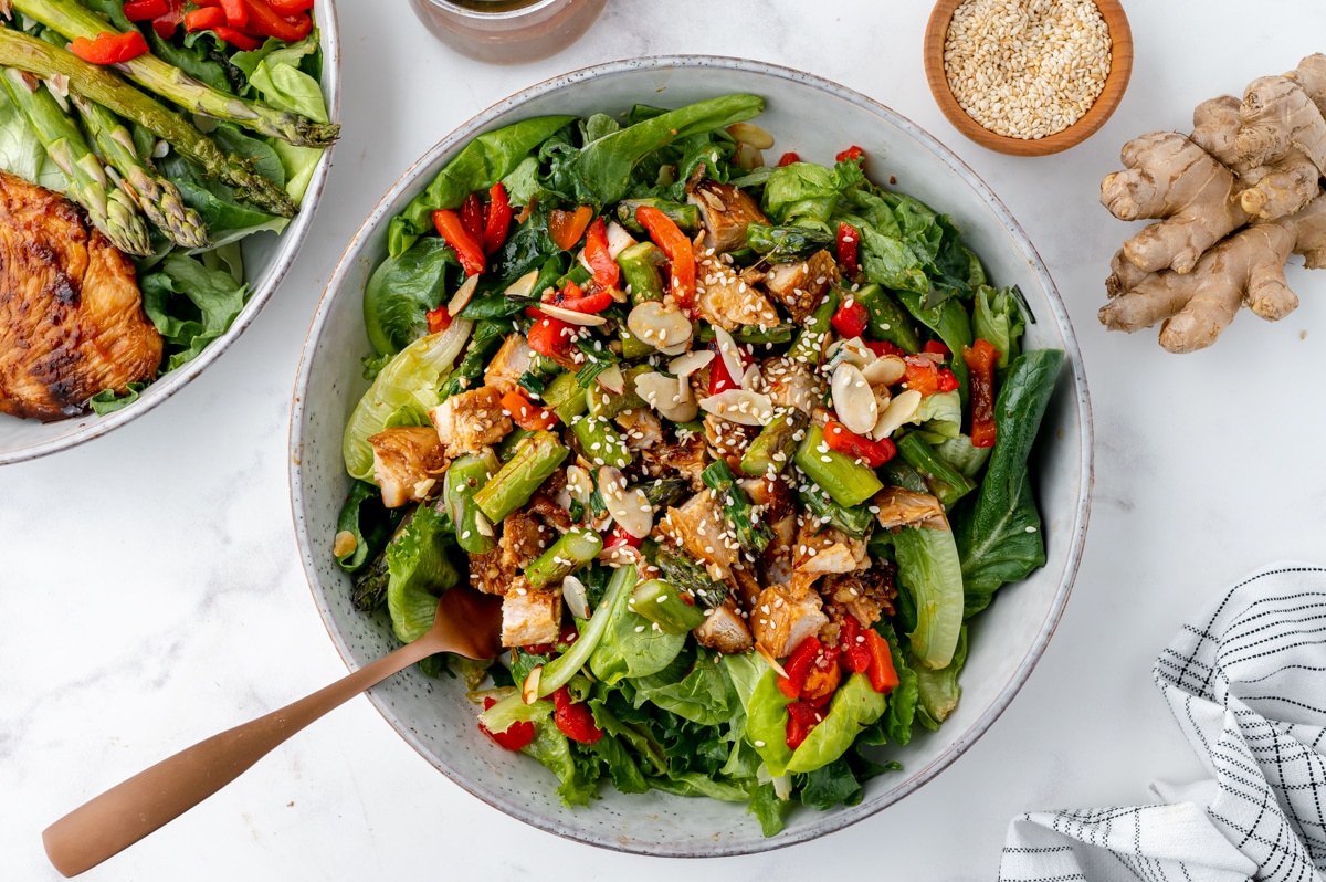 overhead shot of sticky chicken salad