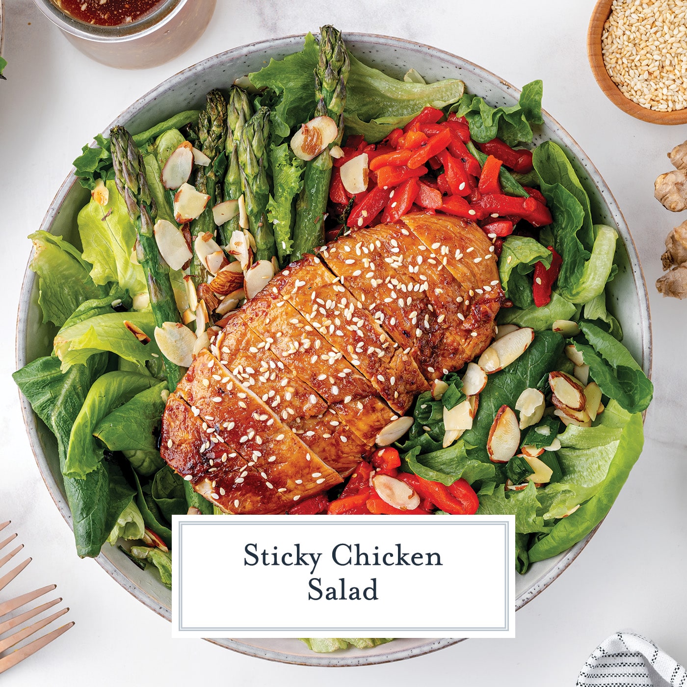 sticky chicken salad in a bowl with text overlay for facebook