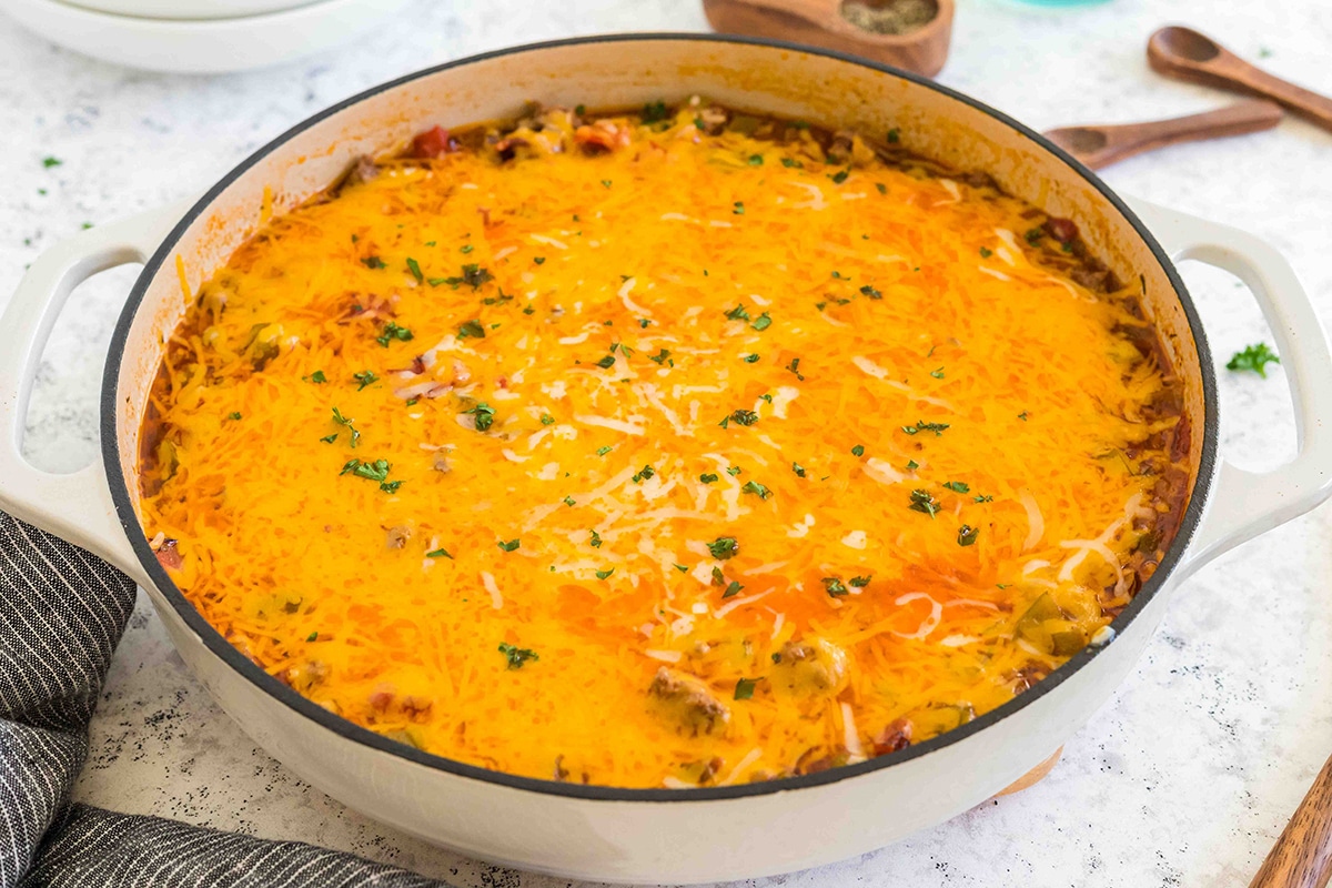 angled shot of cheesy casserole