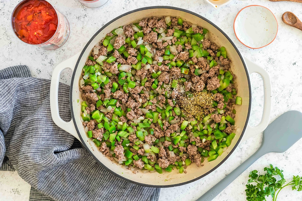 peppers and ground beef in pan