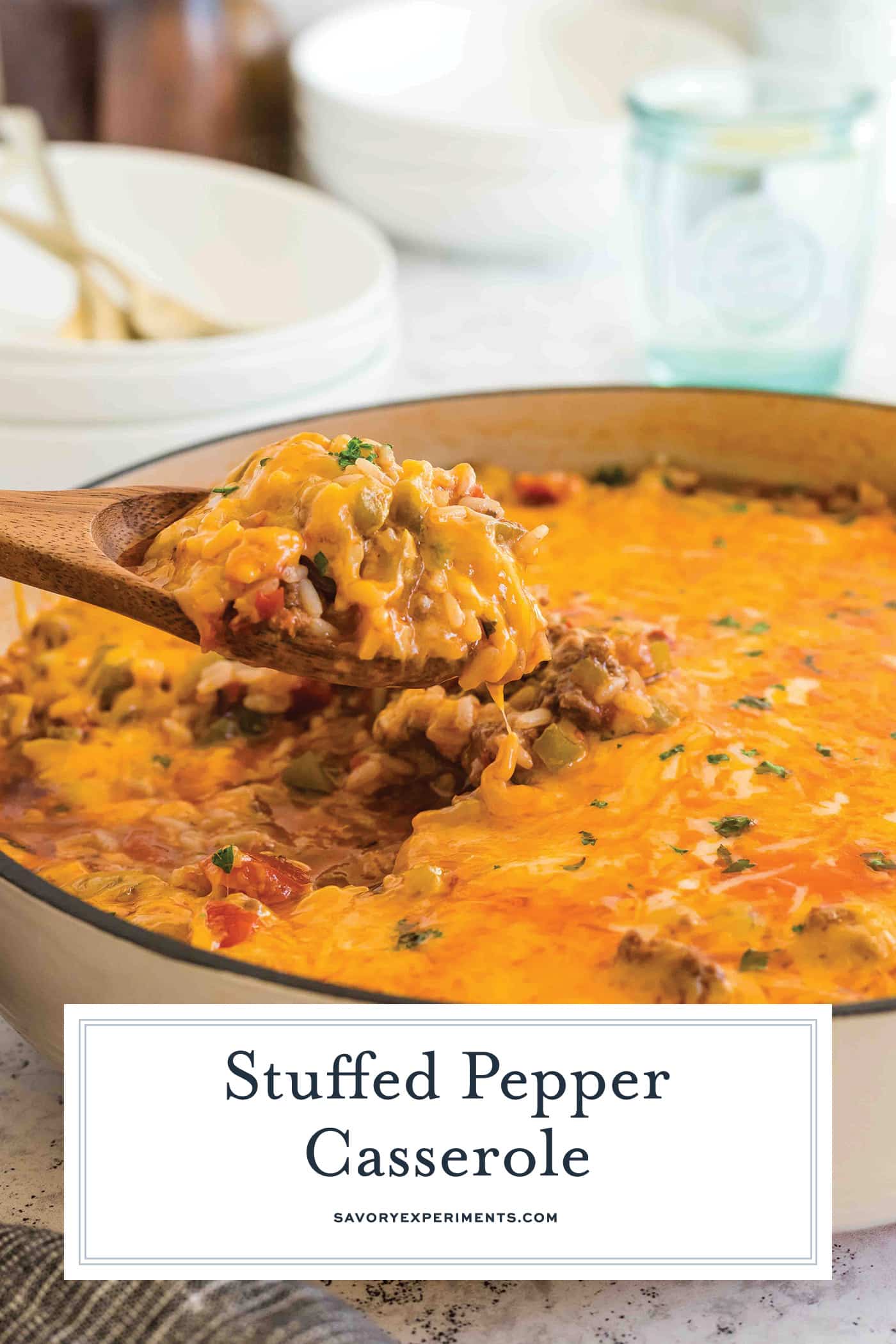 spoonful of stuffed pepper casserole with text overlay for pinterest