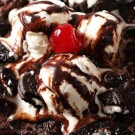 angled close up shot of oreo brownie skillet