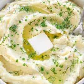 overhead shot of bowl of slow cooker dill mashed potatoes
