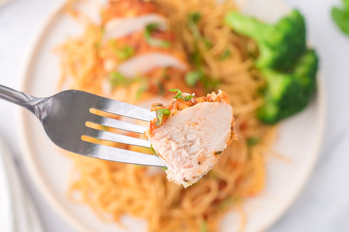 bite of air fryer chicken parmesan on fork