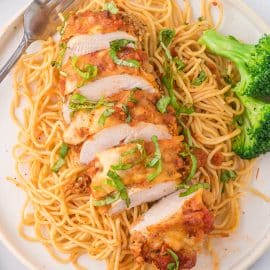 overhead shot of sliced air fryer chicken parmesan