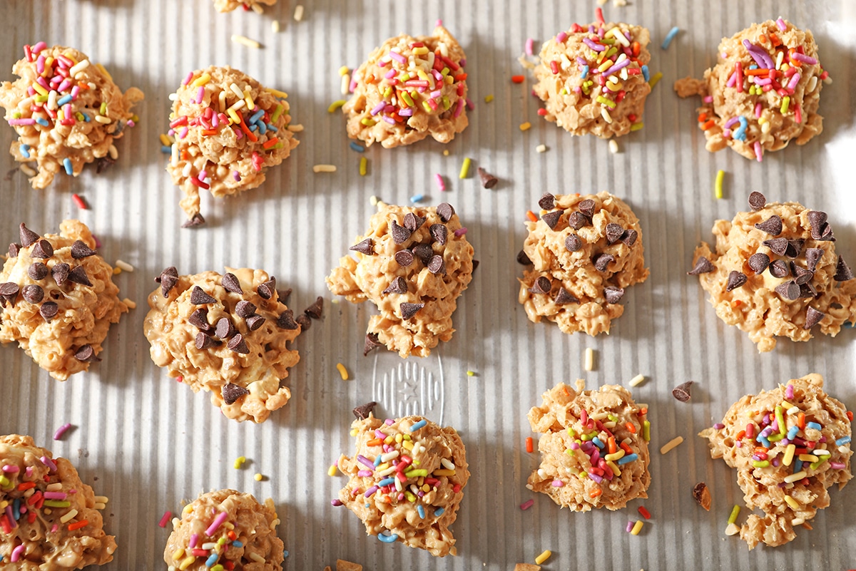 overhead shot of avalanche cookies with toppings