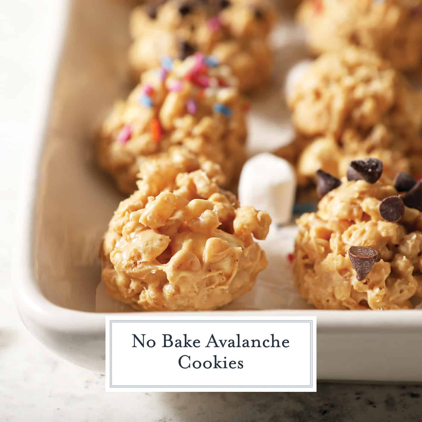 avalanche cookies on a tray with text overlay for facebook