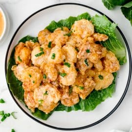 overhead shot of plate of bang bang shrimp