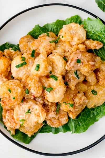 overhead shot of plate of bang bang shrimp