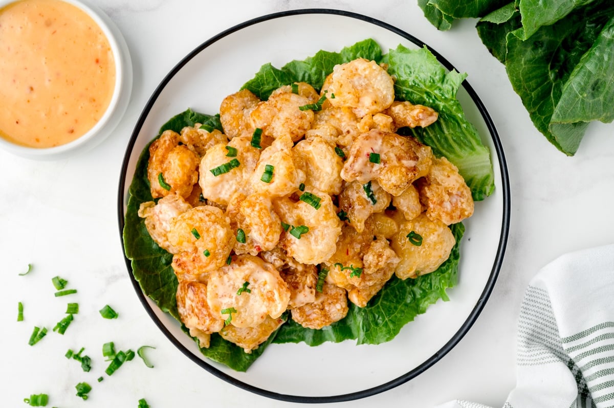 overhead shot of plate of bang bang shrimp