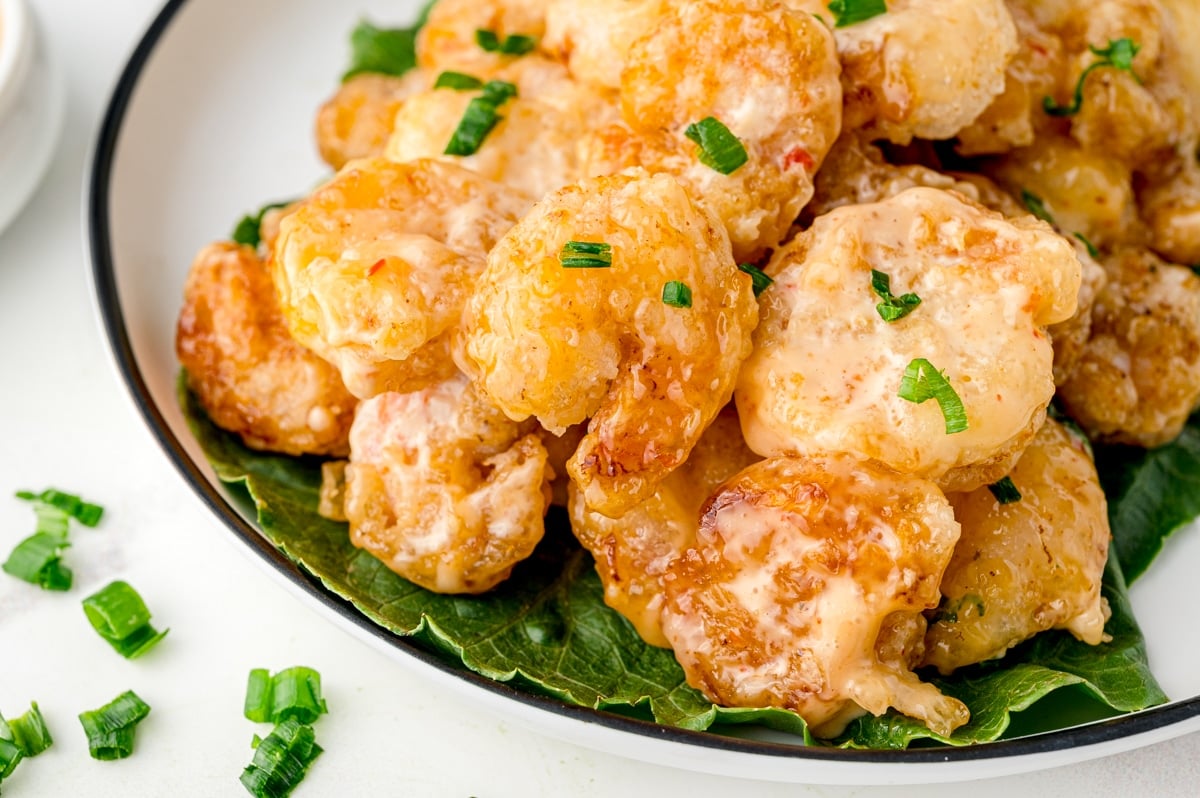 close up of plate of firecracker shrimp