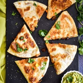 overhead shot of cut up bean quesadilla