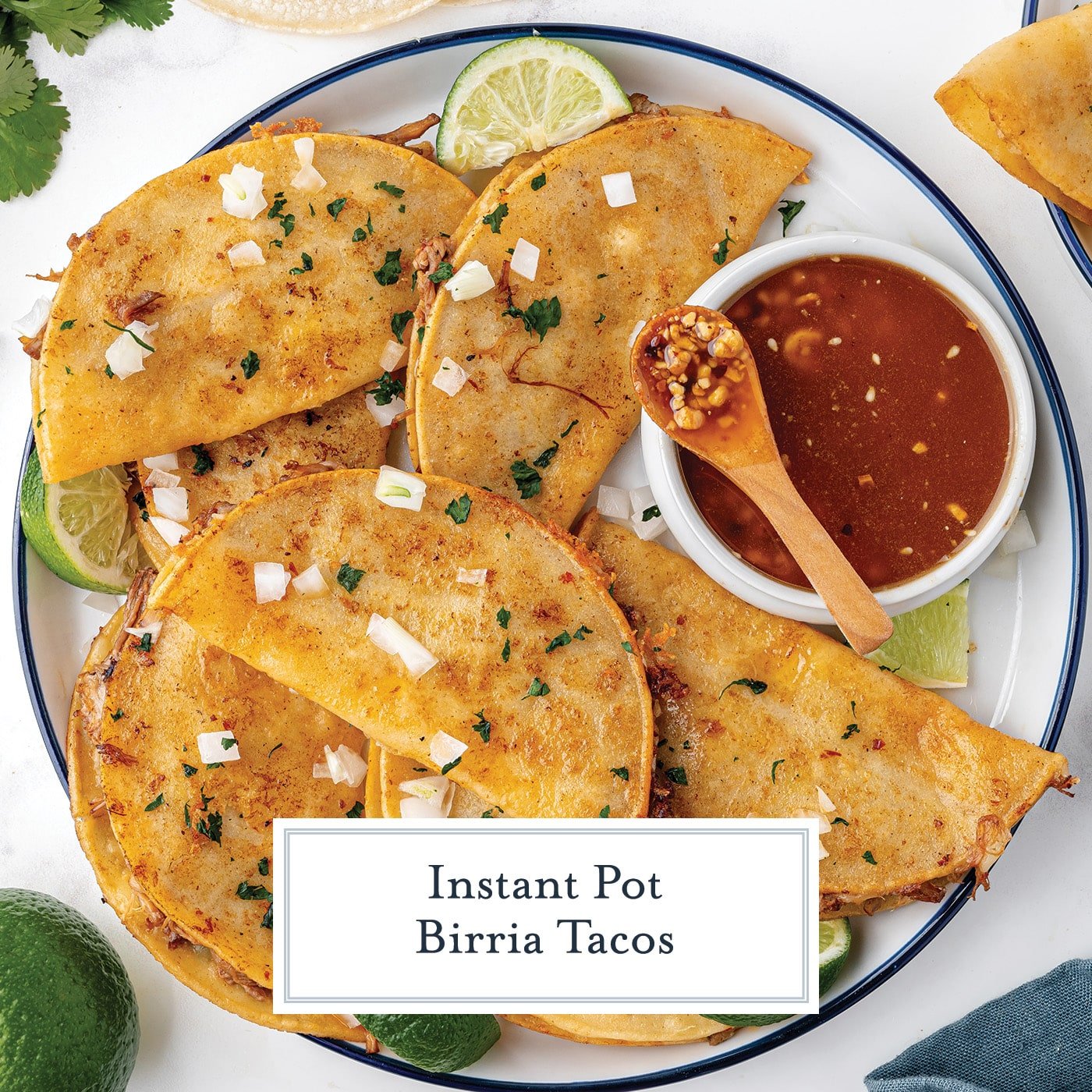 overhead shot of birria tacos on a plate with text overlay for facebook