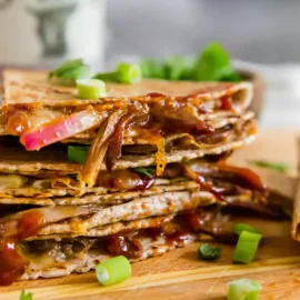 straight on shot of stack of brisket quesadilla