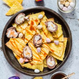 overhead shot of cadbury creme egg nachos