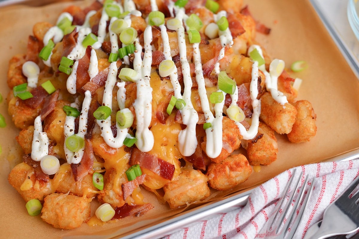 close up of tater tots on a tray