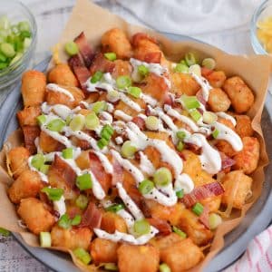 angled shot of loaded tater tots