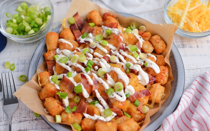 angled shot of loaded tater tots