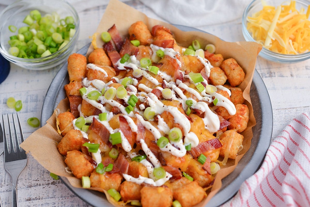 angled shot of loaded tater tots