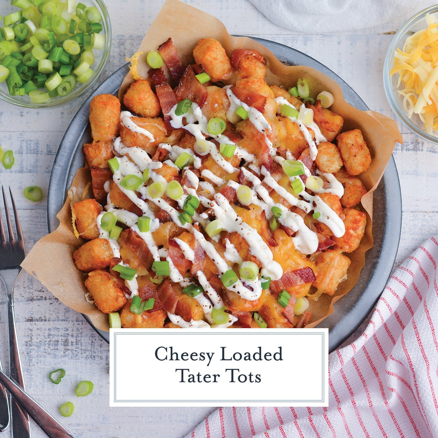 overhead shot of cheesy tater tots with text overlay for facebook