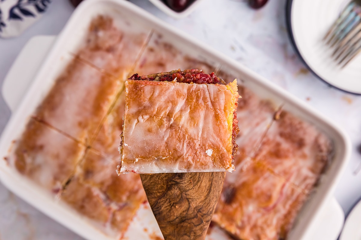 overhead shot of slice of cake on spatula