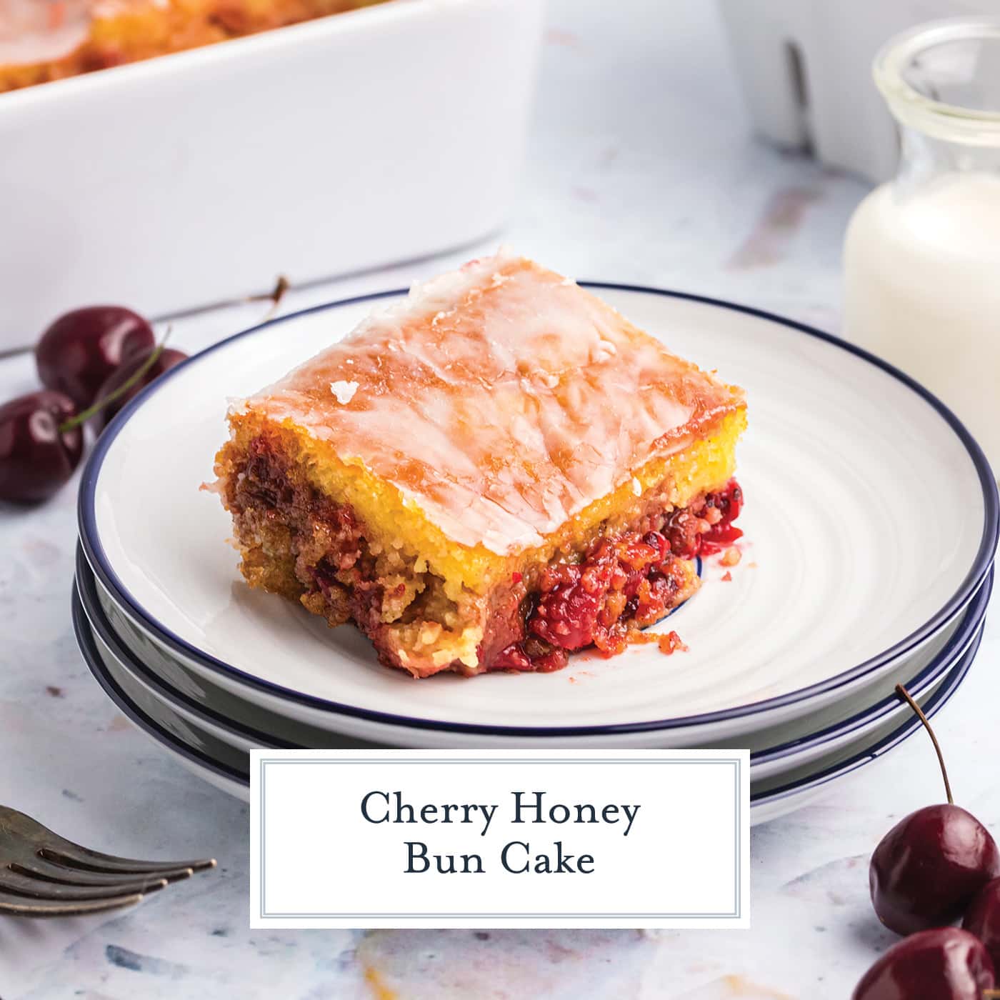 slice of cherry honey bun cake on a plate with text overlay for facebook
