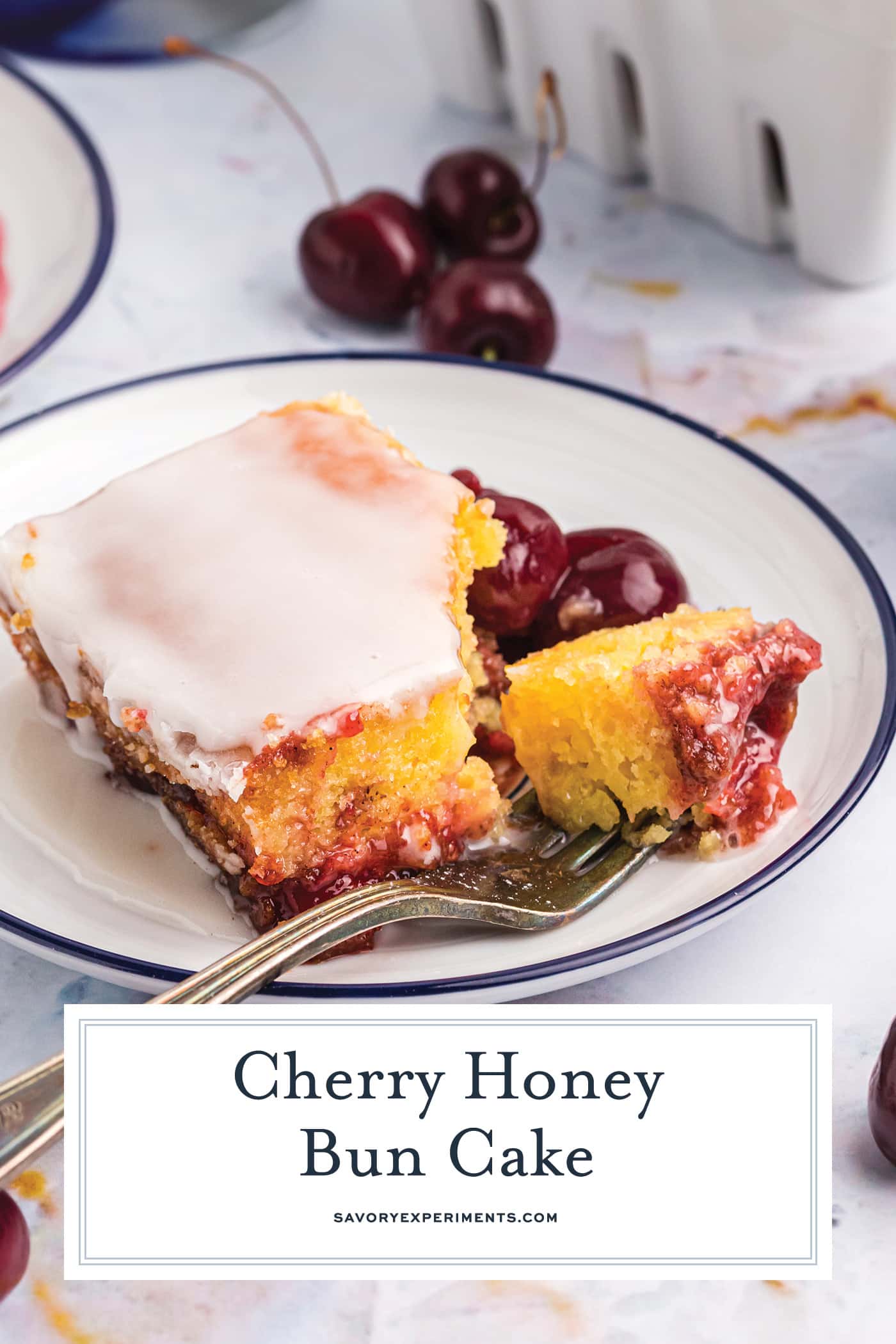 bite of cherry honey bun cake on a fork with text overlay for pinterest