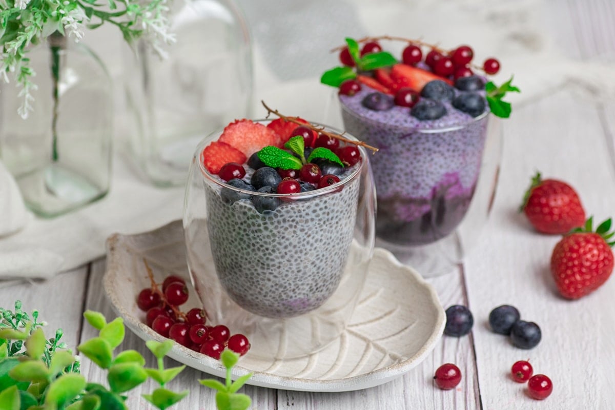 chia seed pudding topped with berries