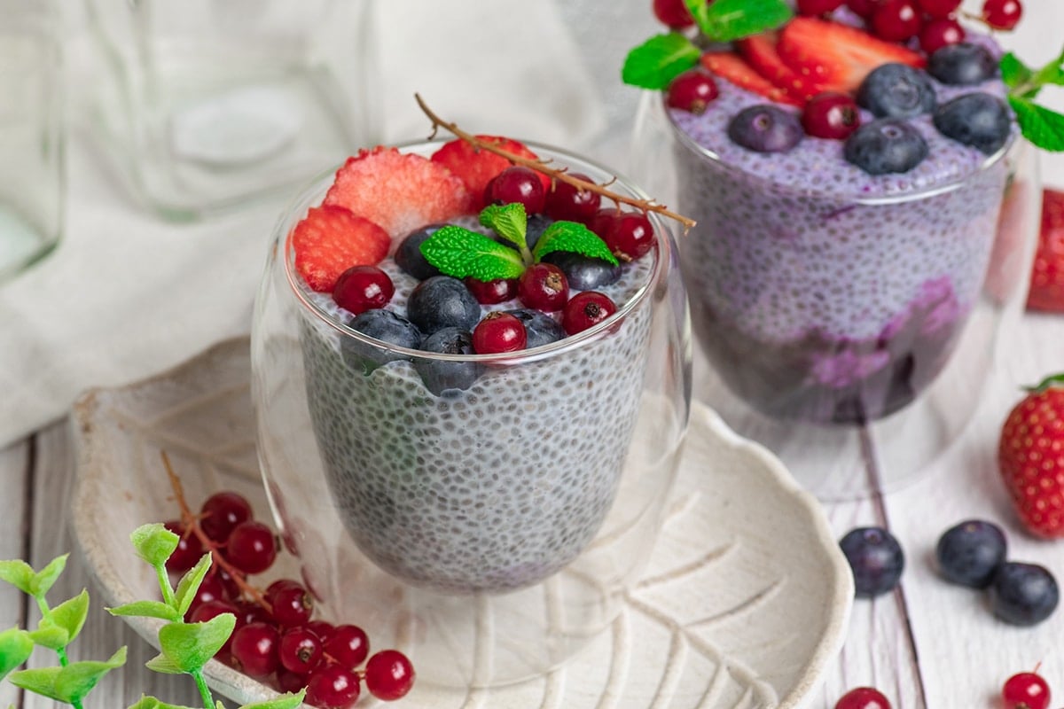 angled shot of berry chia pudding