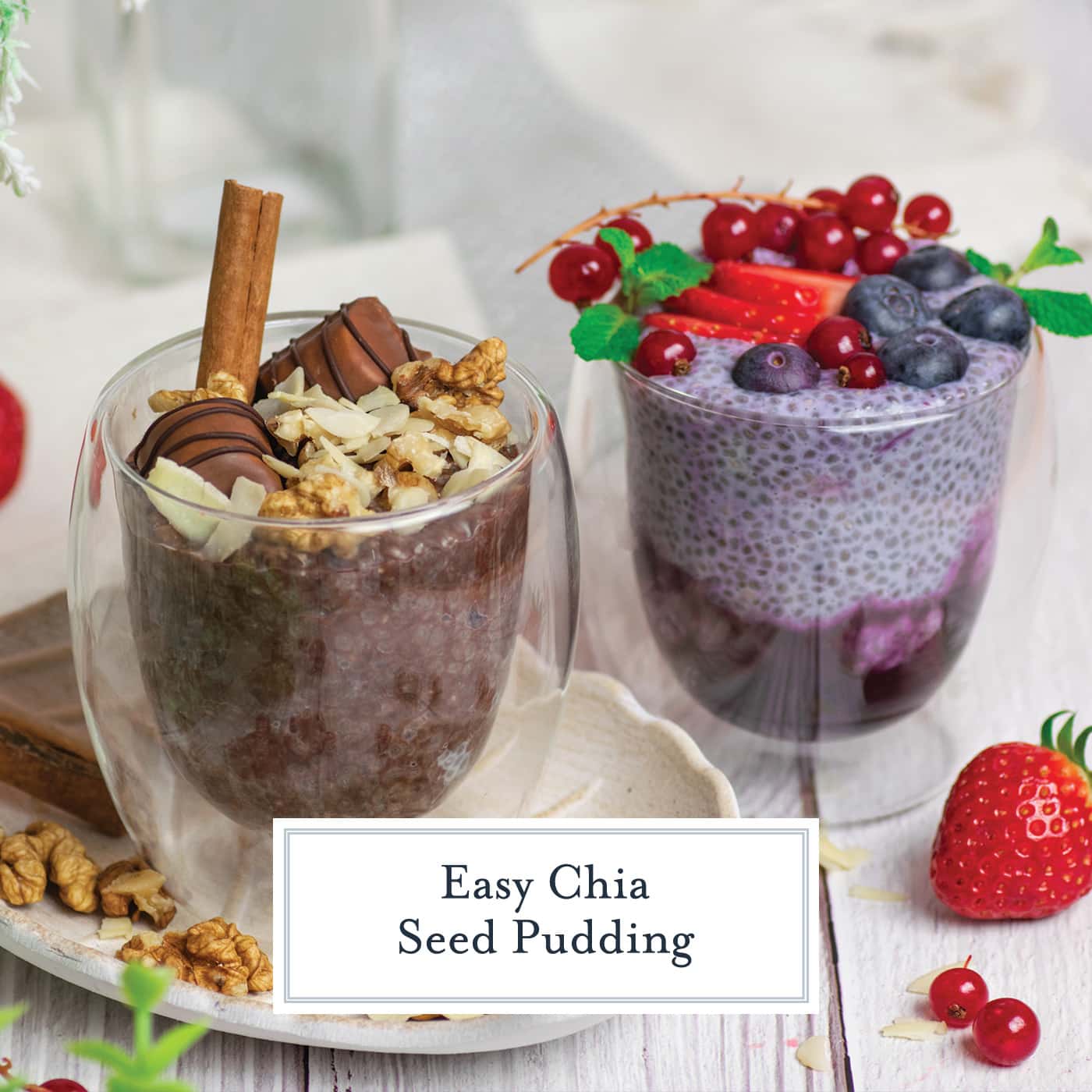 two types of chia pudding with text overlay for facebook