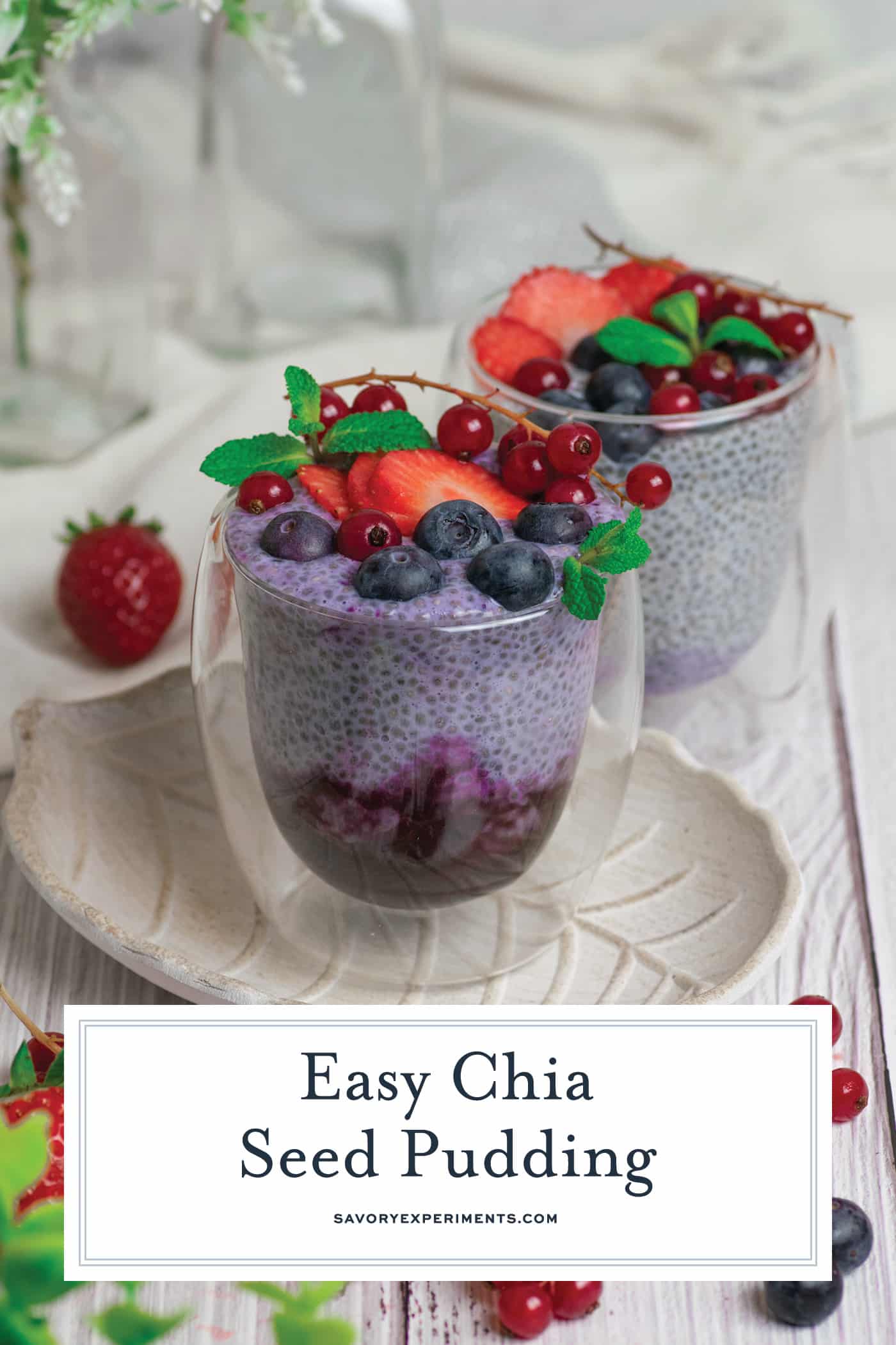 berry chia pudding with text overlay for pinterest