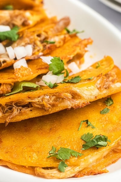 inside of chicken taco topped with cilantro and chopped onions