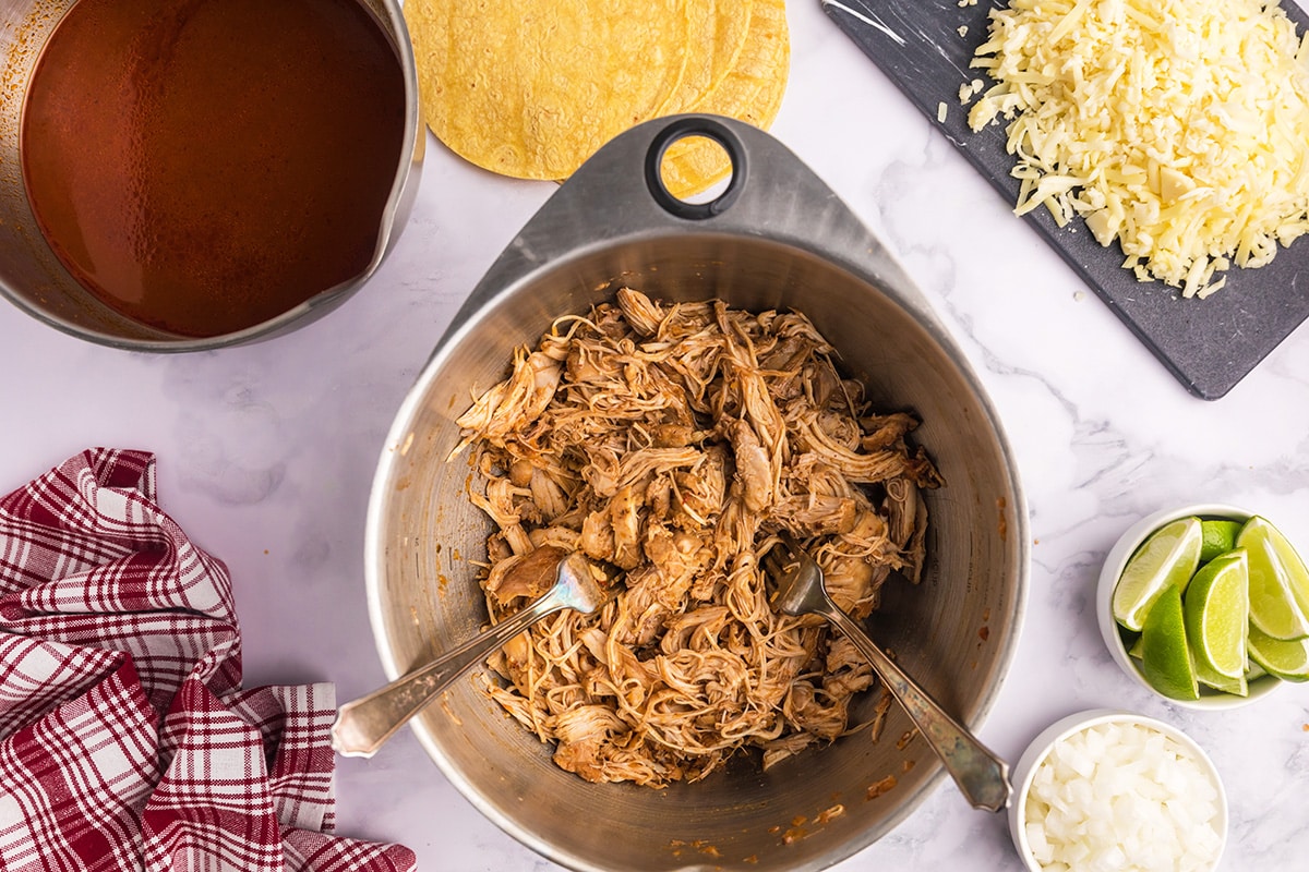 shredded chicken in a mixing bowl