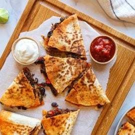 overhead shot of cut up chorizo quesadillas