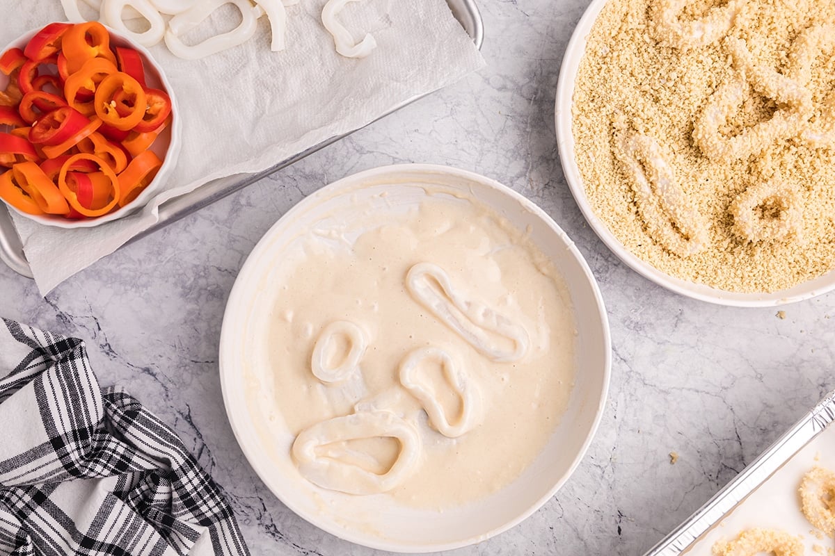 calamari dredged in flour and egg