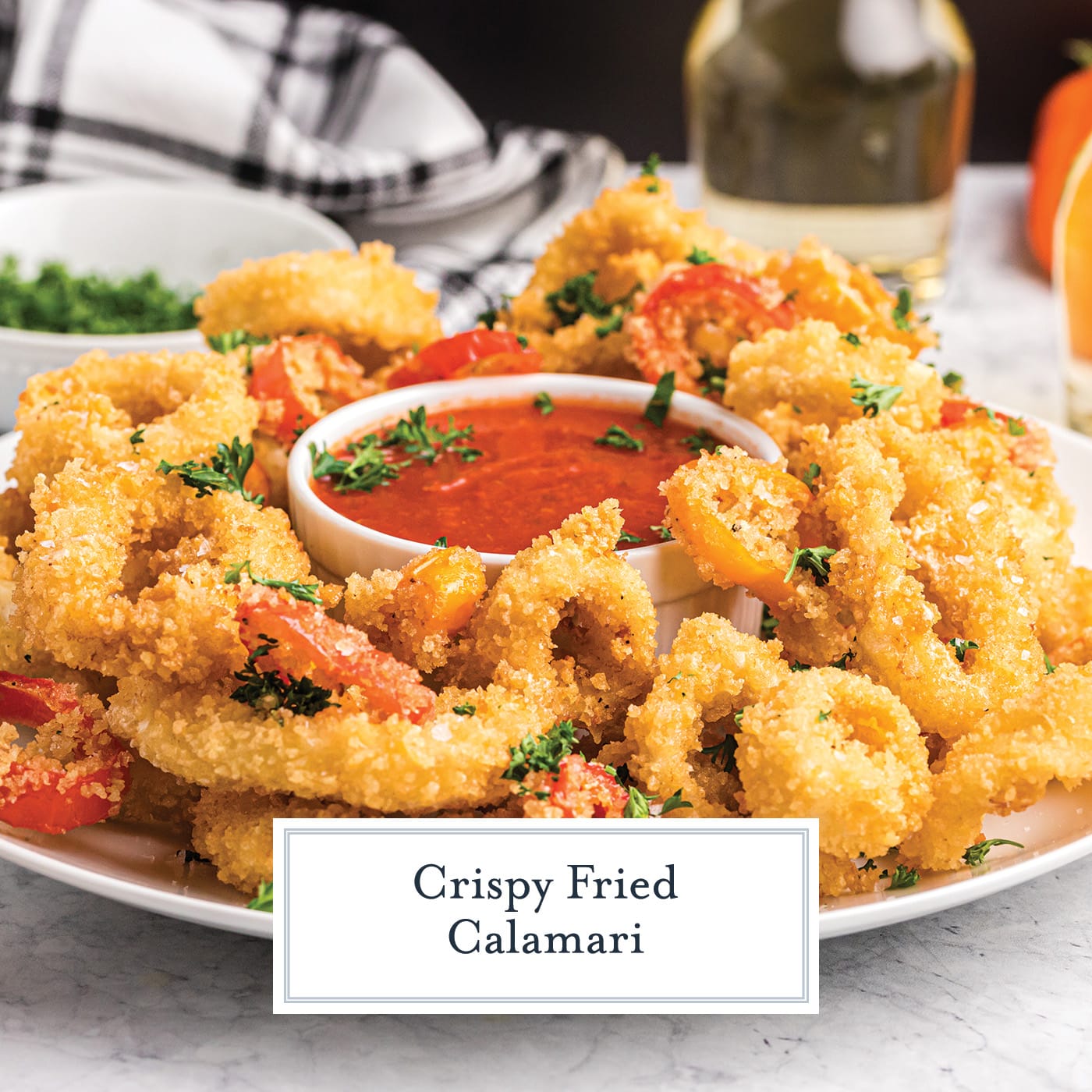 plate of fried calamari with text overlay for facebook