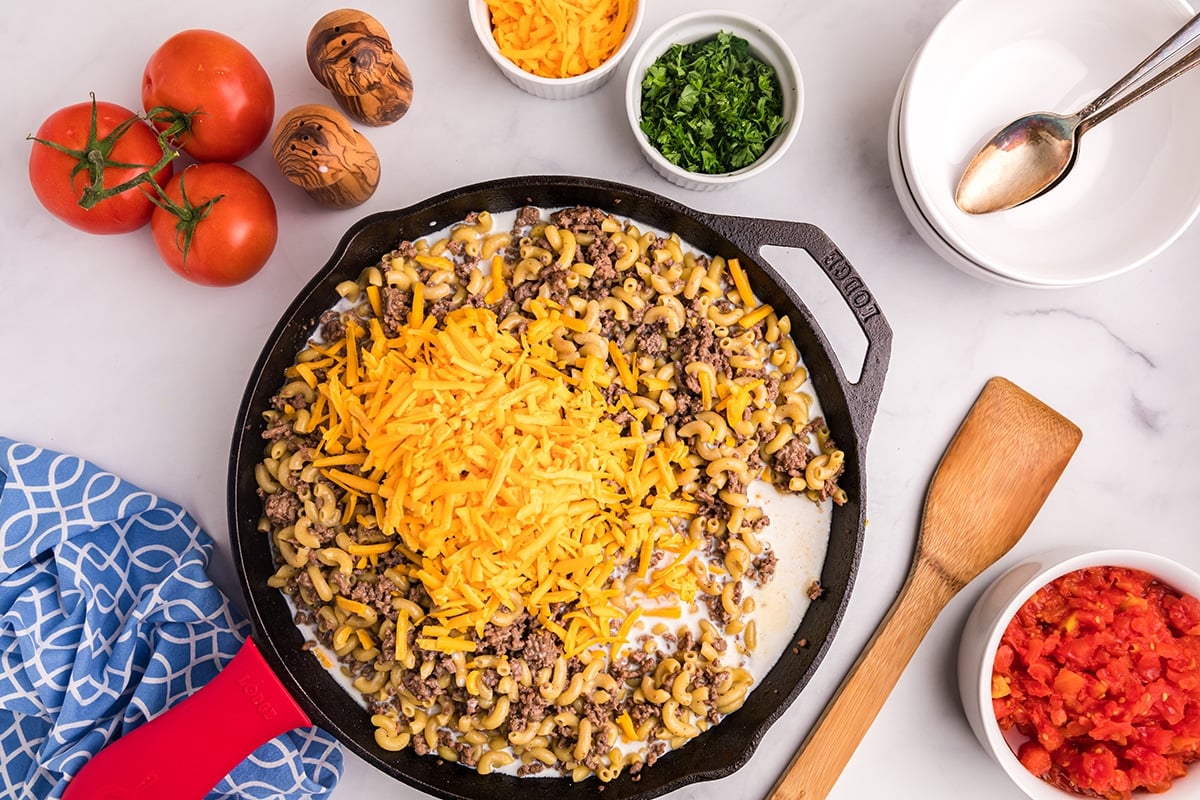 cheese added to macaroni and hamburger