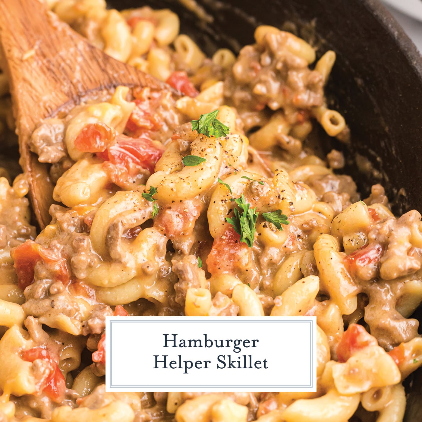 close up of spoonful of hamburger helper with text overlay for facebook