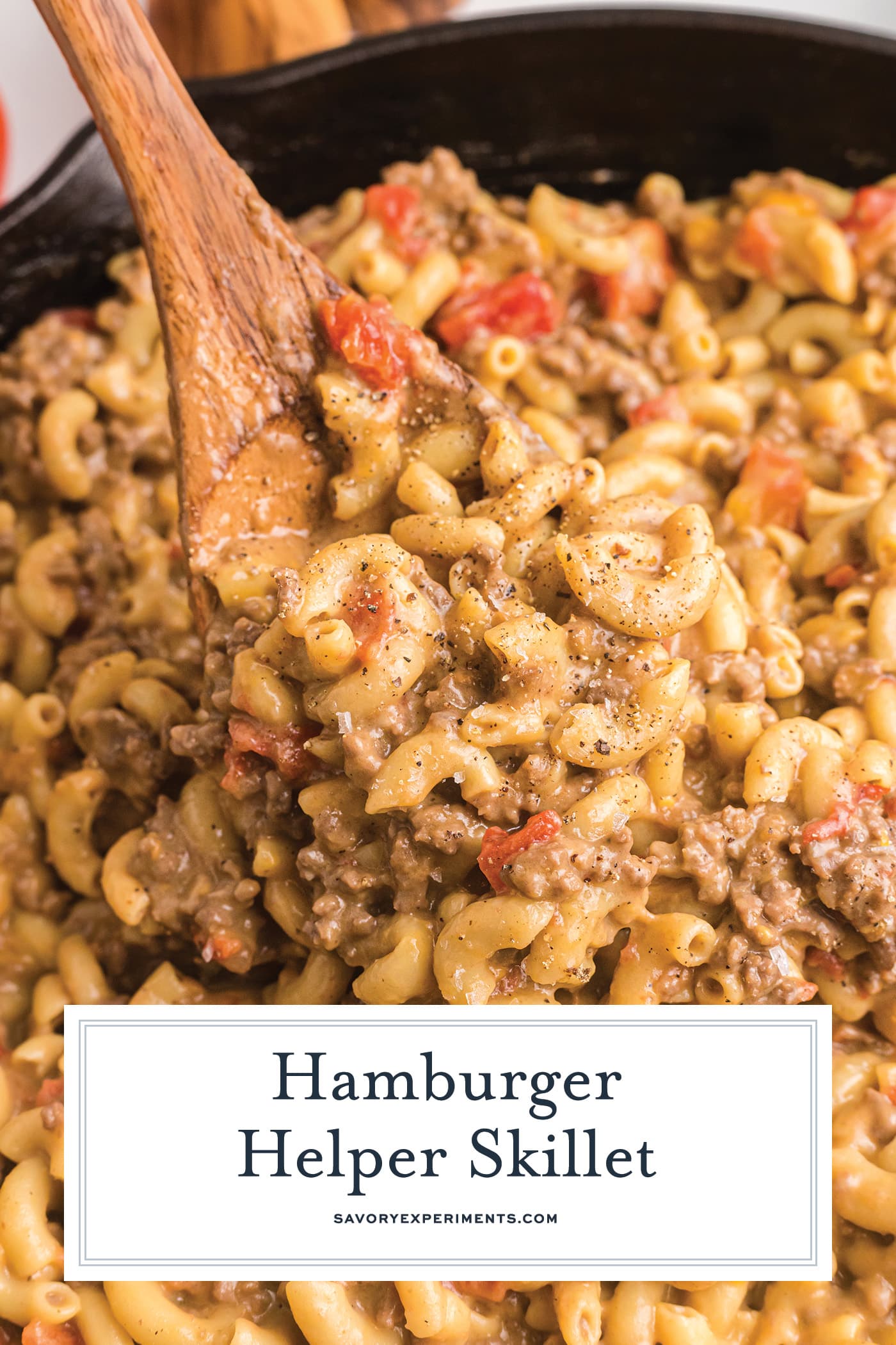 spoonful of hamburger helper with text overlay for pinterest