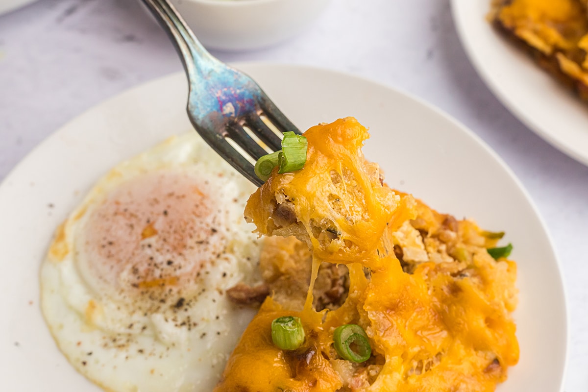 fork taking bite of funeral potatoes