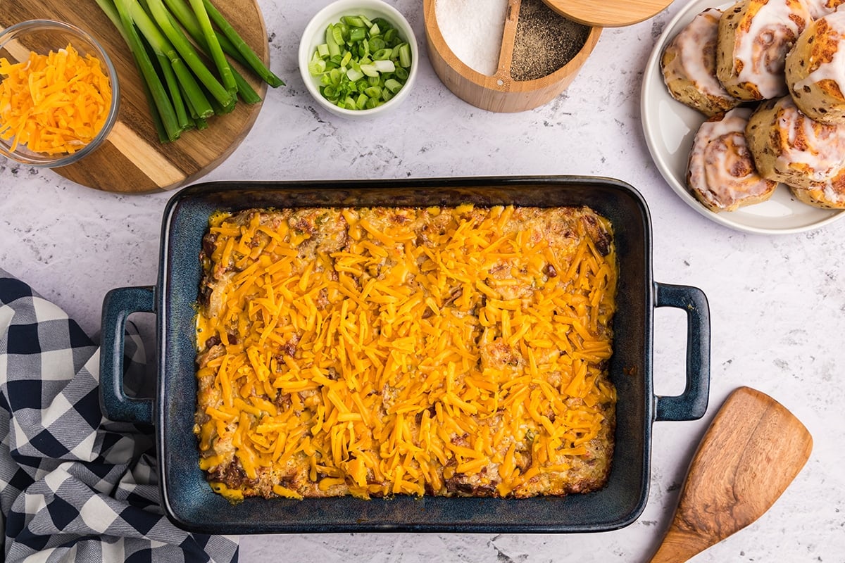 shredded cheese on top of hashbrown casserole