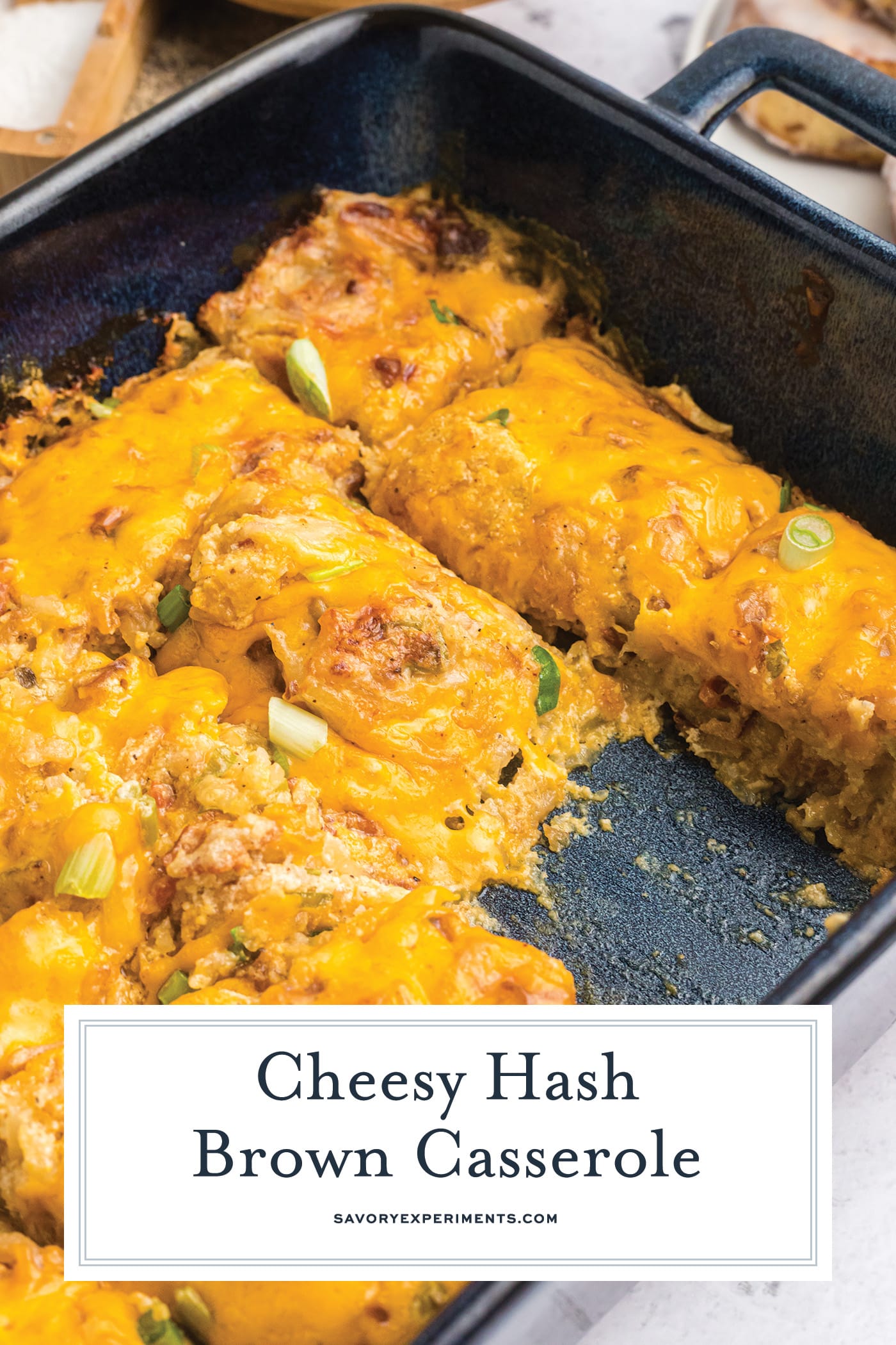 dish of sliced hash brown casserole with text overlay for pinterest