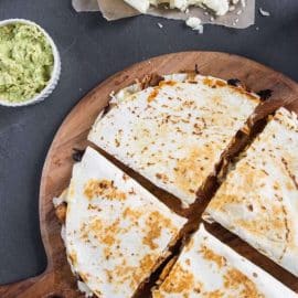 overhead shot of cute carnitas quesadilla