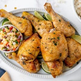 overhead shot of platter of jerk chicken