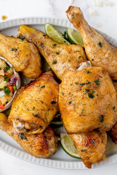 overhead shot of platter of jerk chicken