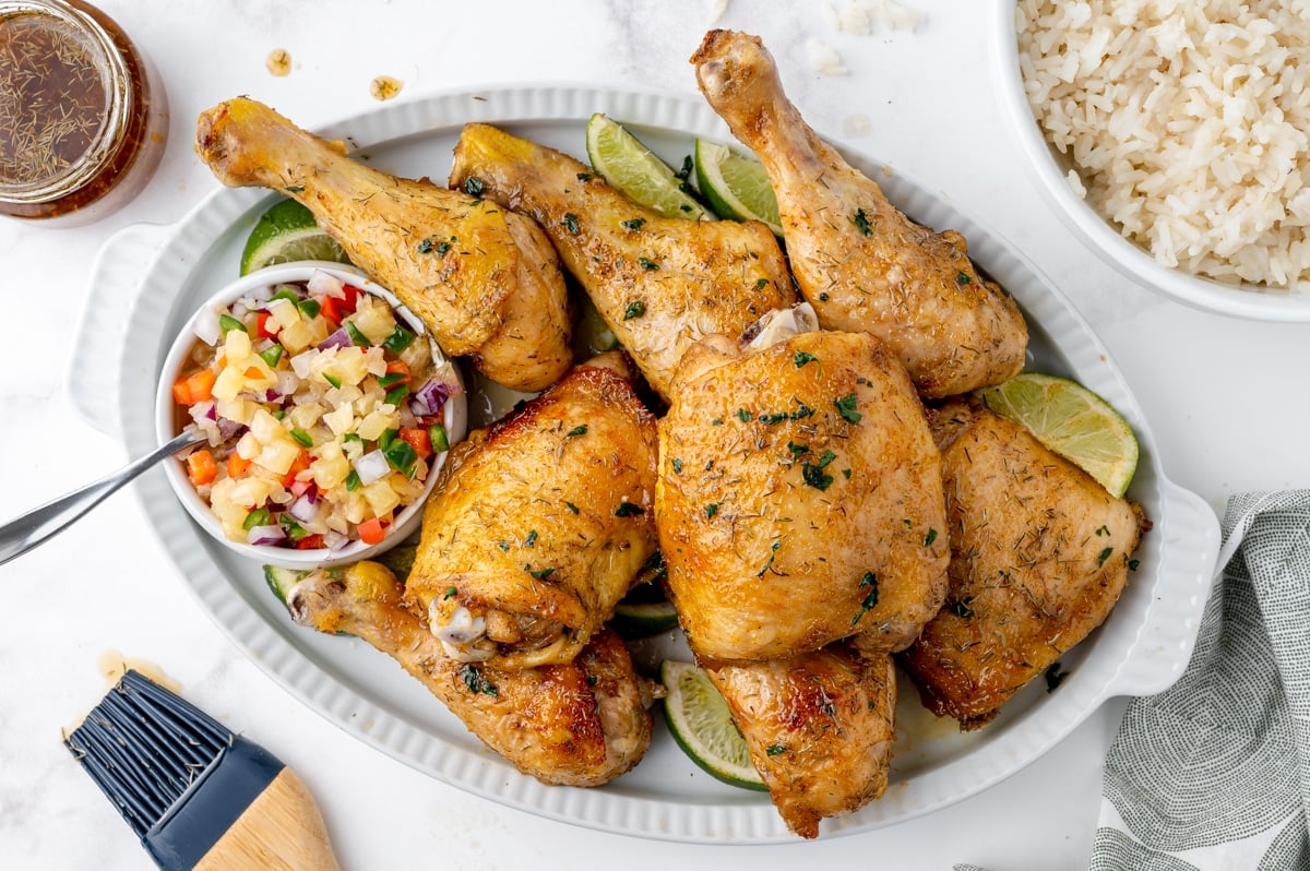 overhead shot of platter of jerk chicken