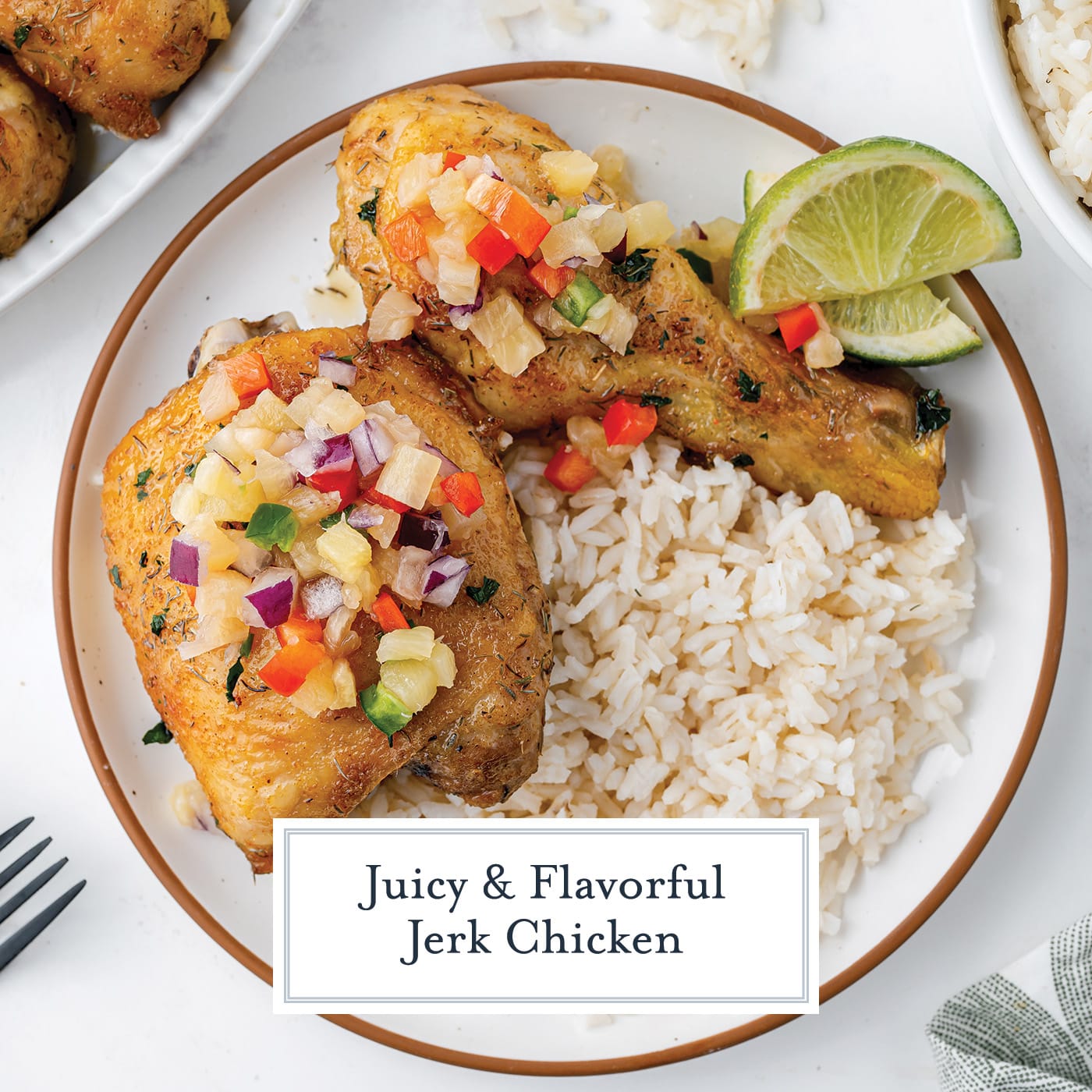 plate of jerk chicken with rice with text overlay for facebook