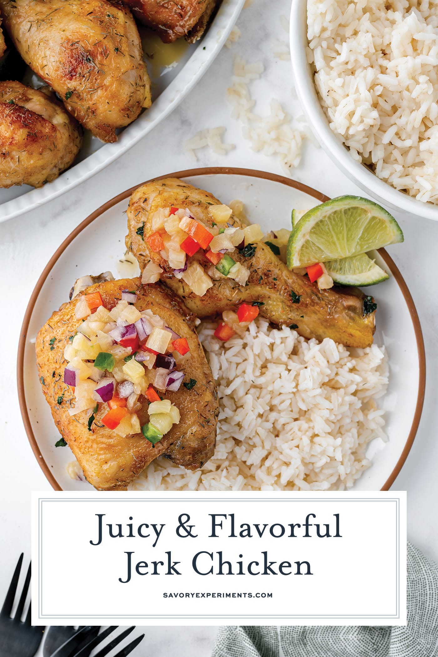 plate of jerk chicken with rice with text overlay for pinterest